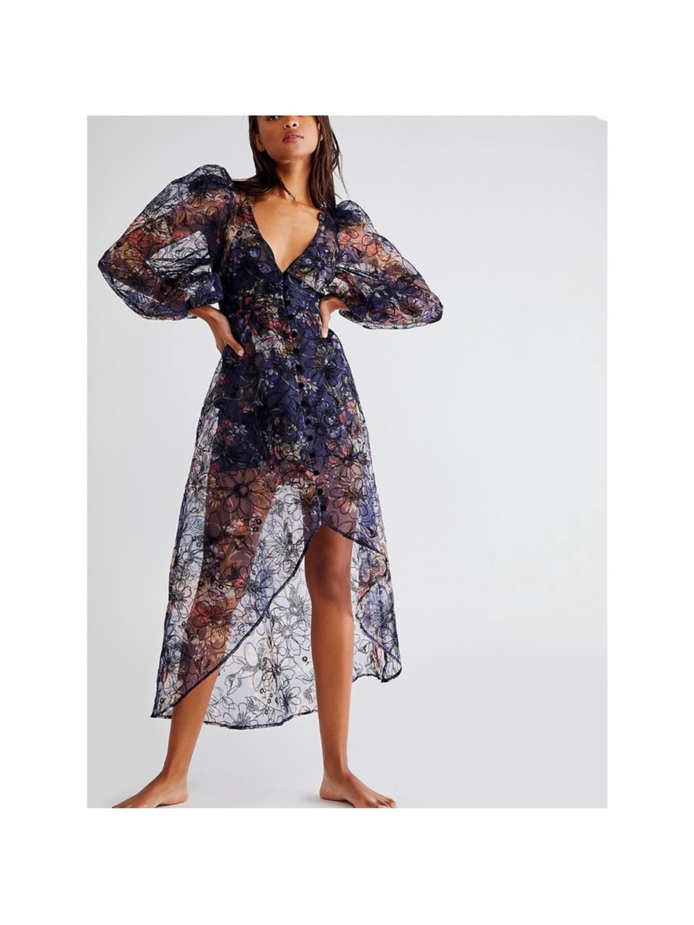 For Love & Lemons Navy Floral Sheer V-Neck Maxi Dress